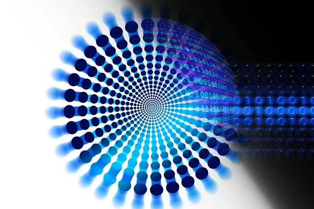 An abstract blue digital globe with binary numbers and dot patterns