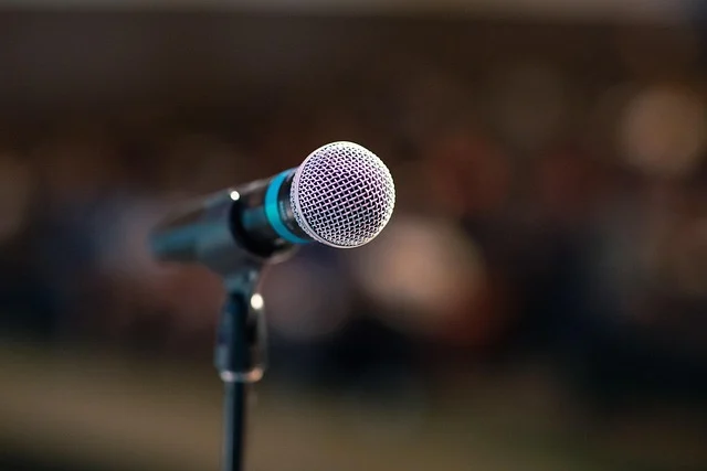 Jack Burlison And Charlie Owen: A microphone on a stand with a blurred background