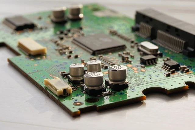 Innovation: A close-up view of a green electronic printed circuit board