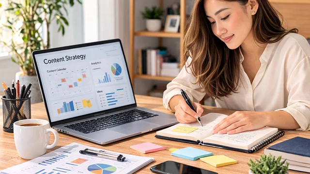 A woman working next to a laptop displaying a content strategy dashboard