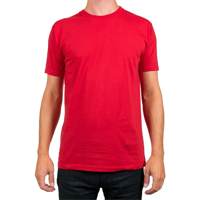 A man wearing a plain red crew neck t-shirt