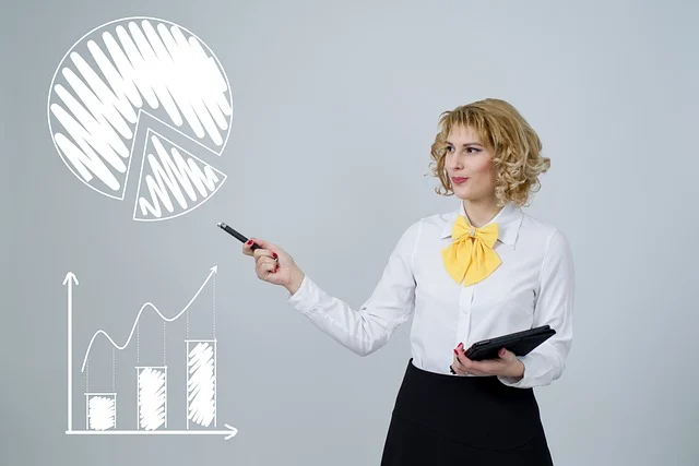 A woman pointing at a pie chart and growth graph graphics