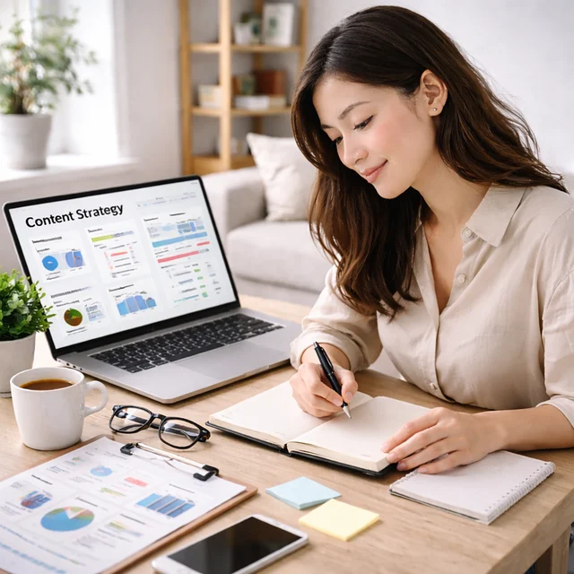 A woman writing at a desk with analytics dashboard on laptop