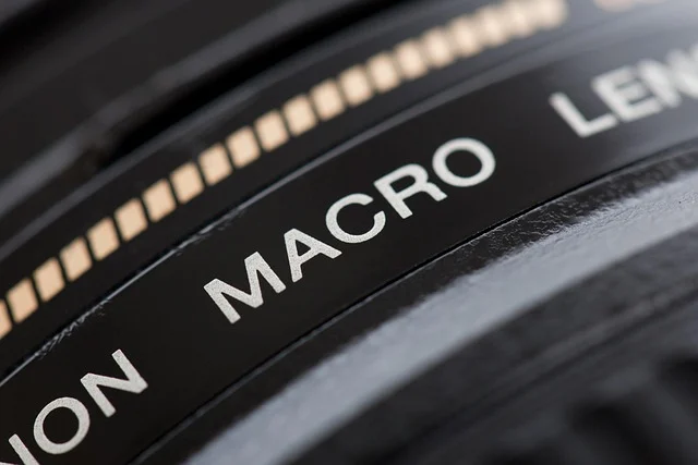 Extreme close-up of a macro camera lens barrel