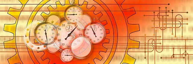 Abstract illustration featuring gears, stopwatches, and circuit board patterns