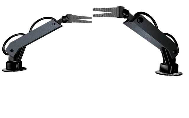 Two robotic arms reaching toward each other on a dark background