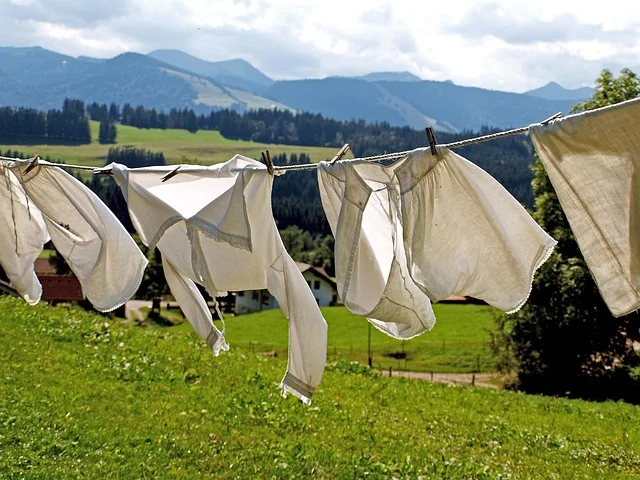 White clothes hanging on a clothesline in an outdoor landscape
