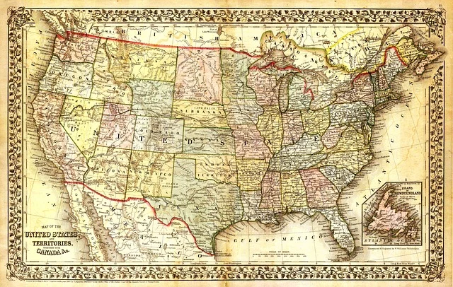 Vintage map of the United States showing northern borders