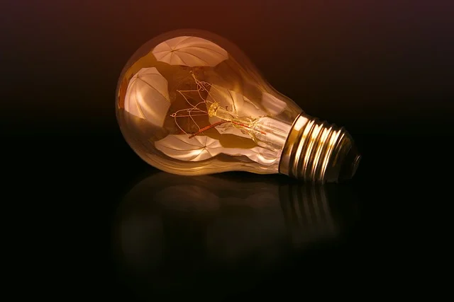 Ideas: A glowing lightbulb lying on a dark reflective surface