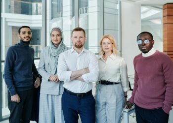 diverse group of people wearing sustainable workwear