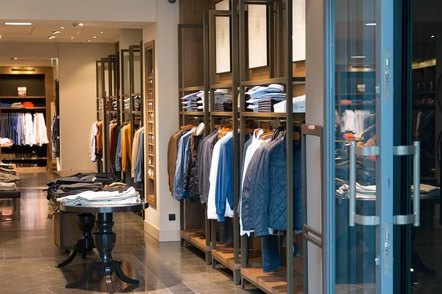 Interior of a modern clothing boutique with racks and folded clothes