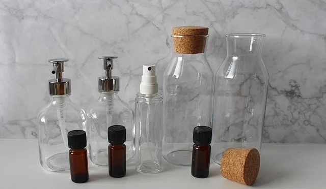 Glass pump bottles, spray bottle, and small essential oil bottles