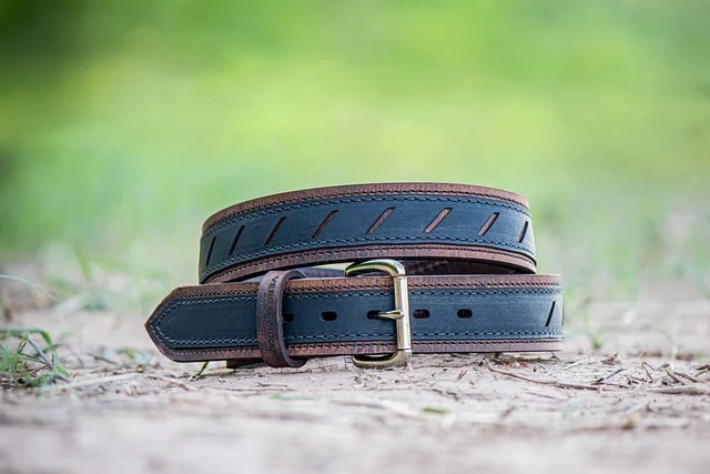 A rolled brown and black leather belt outdoors