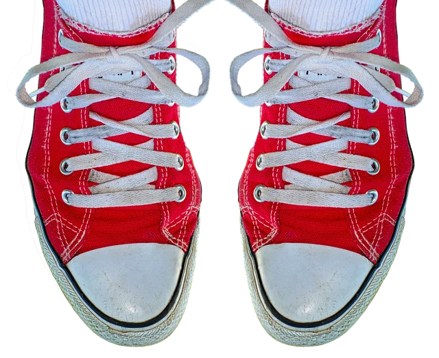 A pair of red canvas sneakers with white laces