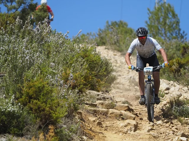 A cyclist riding a mountain bike on a rocky trail