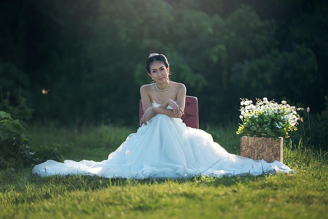 A-line halter wedding dress in lace with a flowing skirt