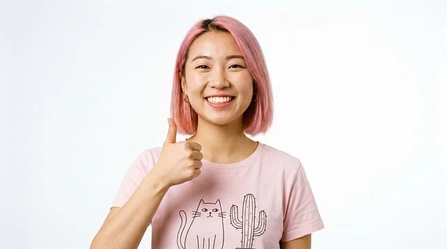 A smiling woman with pink hair giving a thumbs-up