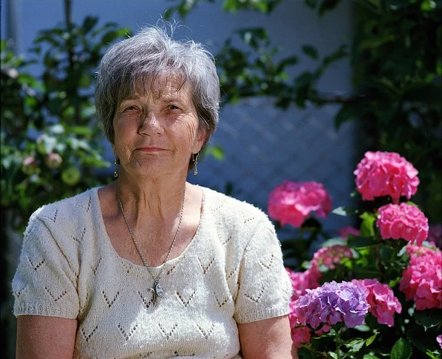 A senior woman outdoors next to pink hydrangeas