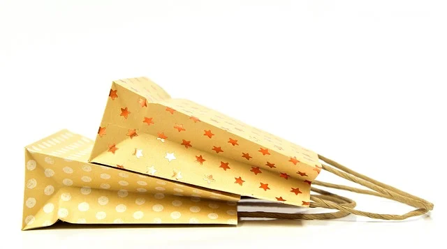 Paper shopping bags with star and polka dot patterns