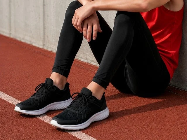 Briefs vs boxer briefs: Person wearing athletic leggings and running shoes sitting on a track