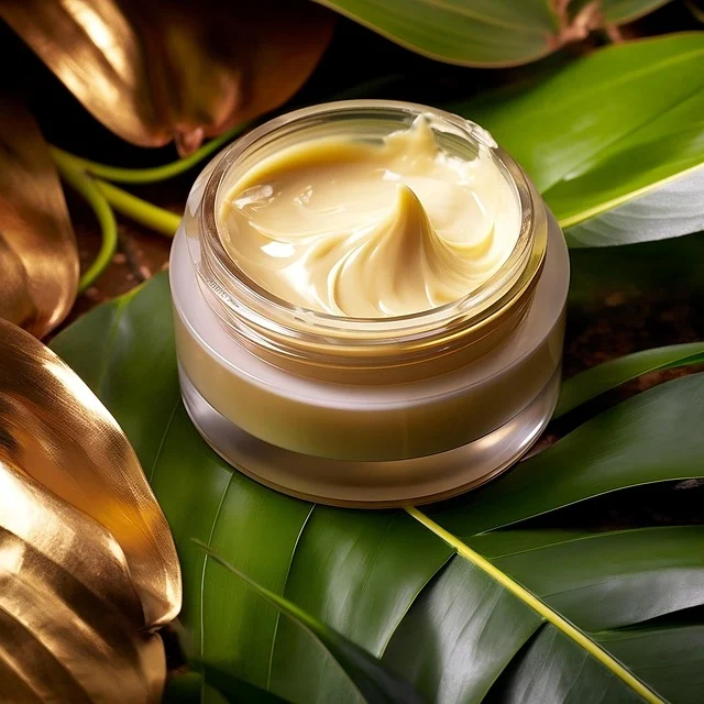 Open jar of face cream surrounded by green leaves