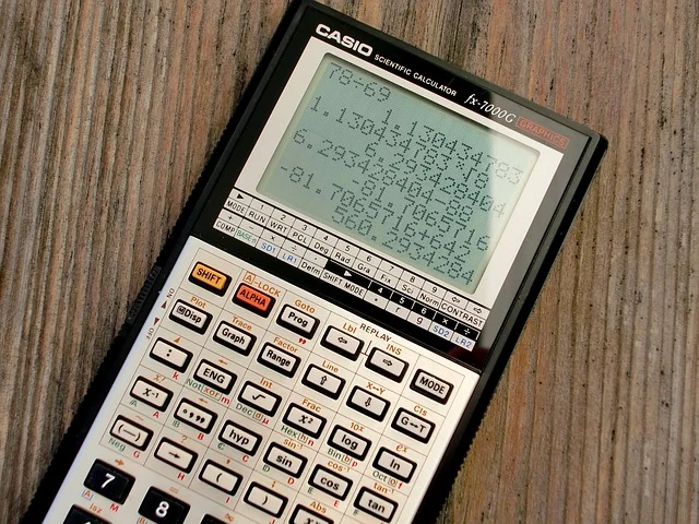 A Casio scientific calculator on a wooden surface showing math calculations