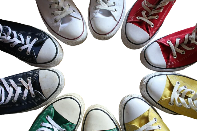Various colorful canvas sneakers arranged in a circle