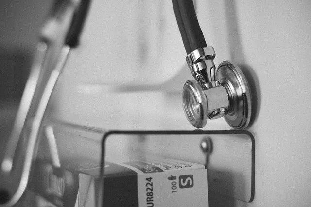 A close-up of a stethoscope hanging in a medical office