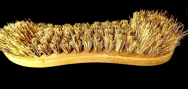 A wooden cleaning brush with stiff bristles