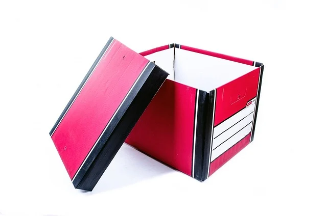 An open red cardboard storage box with a lid