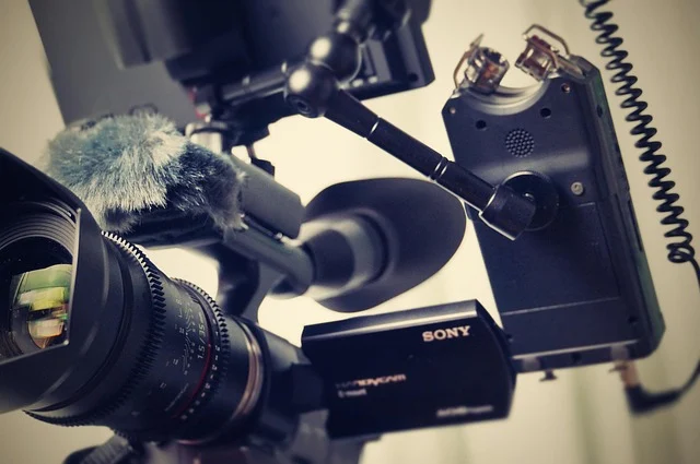 A video camera and audio recording equipment setup