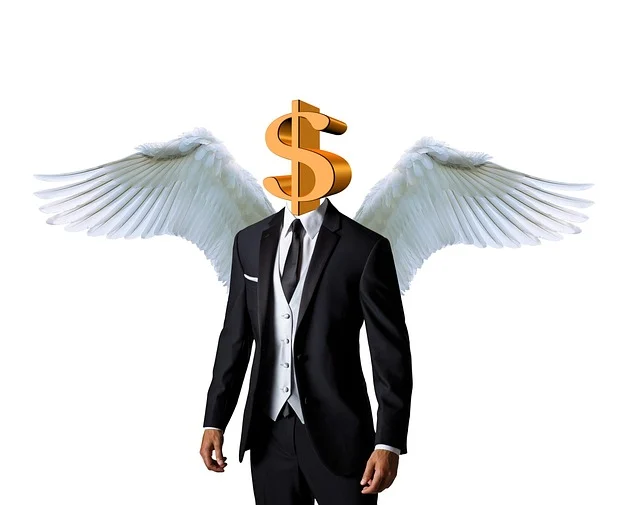 Person in suit with angel wings and a dollar sign head