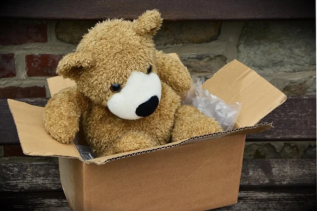 A teddy bear inside an open cardboard shipping box