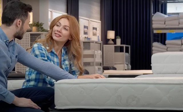 A couple looking at and touching a mattress in a store