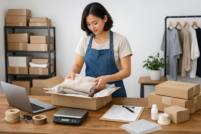 Retail store owner happily arranging new inventory purchased with a business loan