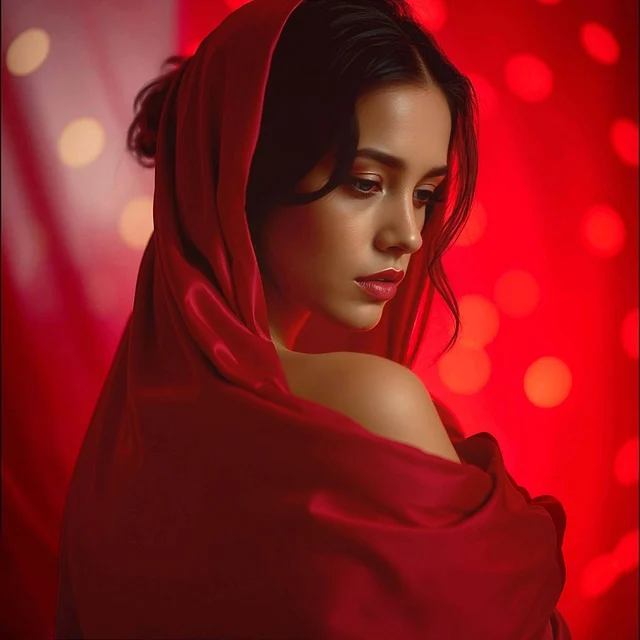 A woman wearing a red scarf draped over her head and shoulders