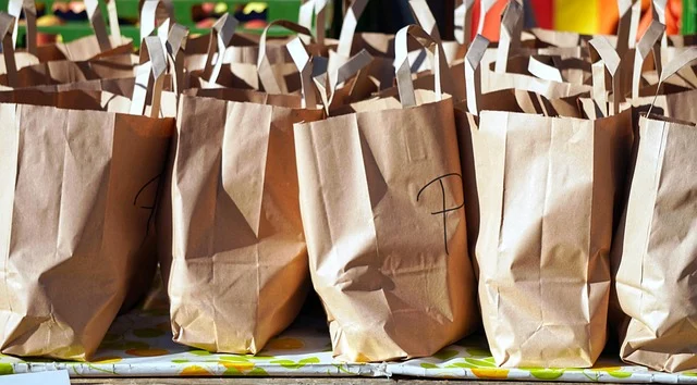 Multiple plain brown paper shopping bags lined up on a table