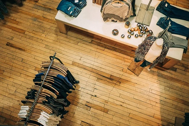 Overhead view of a clothing boutique interior with racks and displays