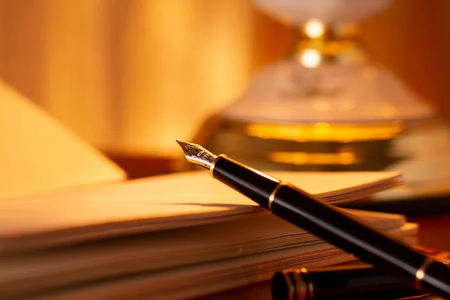 A fountain pen resting on paper near a lamp