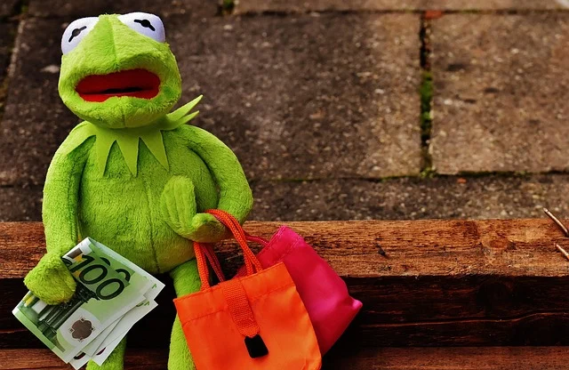 A frog toy holding euro bills and small shopping bags