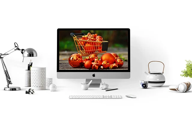 A computer screen showing a shopping cart filled with Christmas ornaments