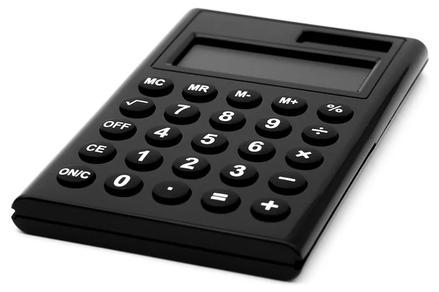 A black calculator on a white background