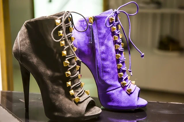 Black and purple studded lace-up high heel ankle boots