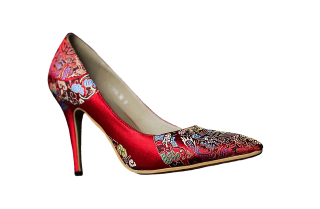 A red patterned high heel pump with silk embroidery