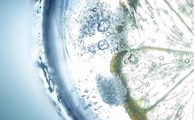 A close-up of a citrus slice in sparkling water with bubbles