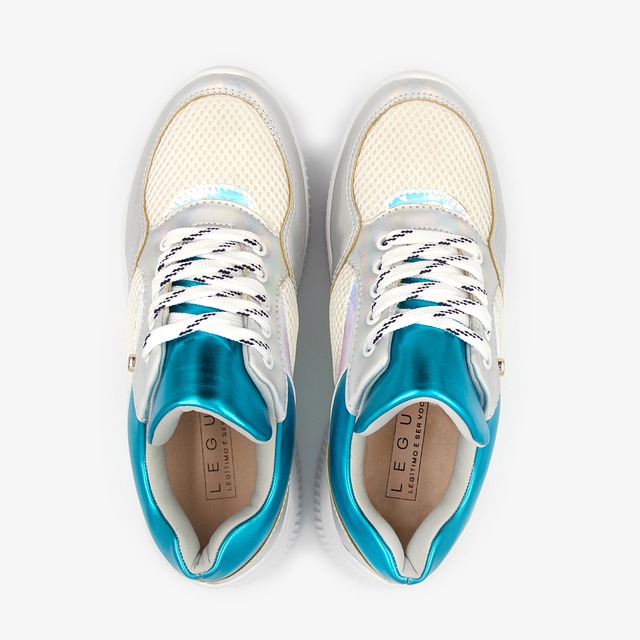 A pair of laced metallic silver and blue sneakers