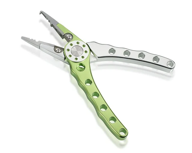 A pair of green and silver pliers on a white background