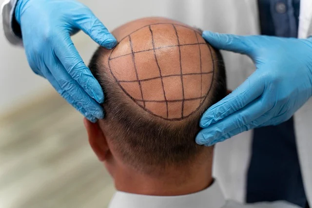 Doctor's gloved hands examining a bald head marked for hair transplant